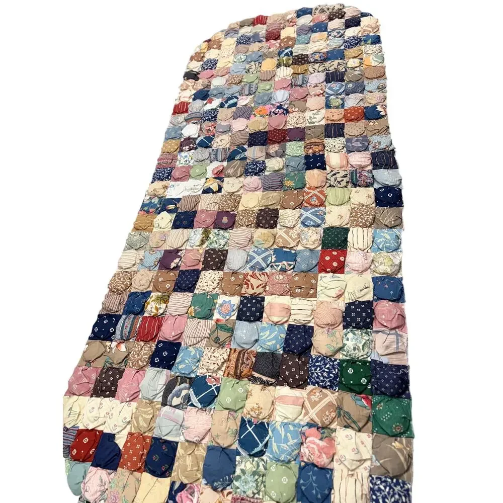 Vintage YoYo/ Biscuit Hand Made Unfinished Quilt 35”x70”